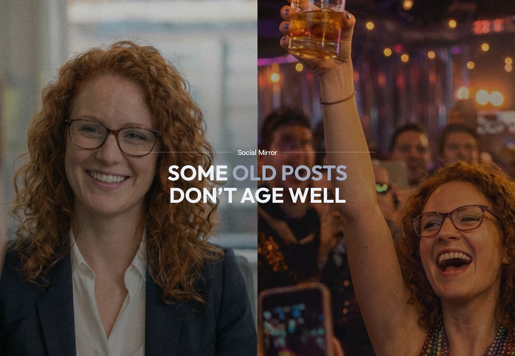 Split image of the same person at work and at a party, captioned "Some old posts don't age well"